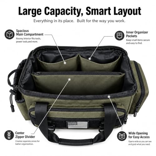 Tool Bag with Anti-friction Bottom, Durable Handle Tool Bags for Men with Shoulder Strap Tactical Range Bag, Multi-purpose Work Tote for Repairman, Carpenters, Handyman. (Ranger Green) - color: Ranger Green