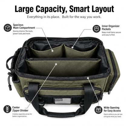 Tool Bag with Anti-friction Bottom, Durable Handle Tool Bags for Men with Shoulder Strap Tactical Range Bag, Multi-purpose Work Tote for Repairman, Carpenters, Handyman. (Ranger Green) - color: Ranger Green