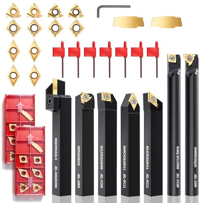 Indexable Lathe Turning Tools 21pcs Kit，5/8'' 16mm Shank - style: 7pcs 5/8'' 16mm Shanks +14pcs Inserts