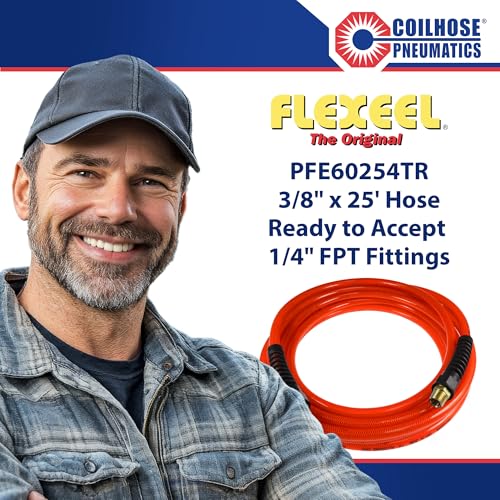 Coilhose Pneumatics PFE60254TR Flexeel Reinforced Polyurethane Air Hose, 3/8" ID, 25' Length with (2) 1/4" MPT Reusable Strain Relief Fittings - color: Transparent Red, size: 3/8" X 25 Feet, 1/4" FTG
