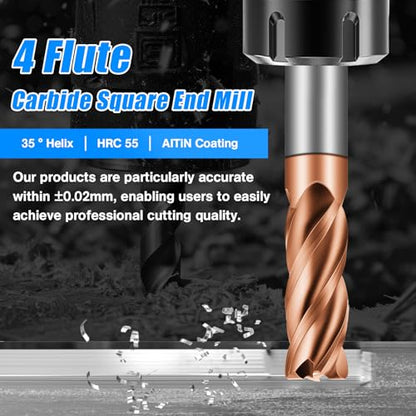 3/8" Carbide End Mills - 4 Flute Square End Mill with AlTiN Coating, HRC 55 Deg, 4T Tungsten Milling Bits for Stainless Steel, Hardened Steel, Cast Iron, Copper, Alloys & More - size: 3/8 in