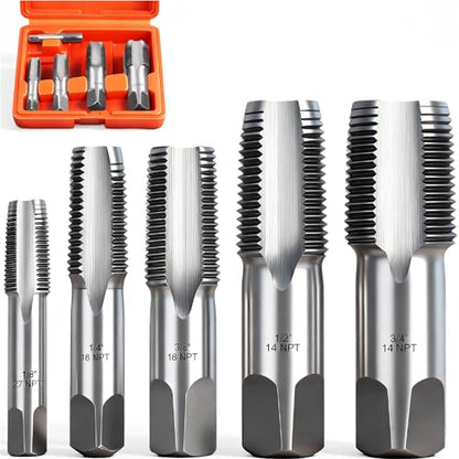 HORUSDY 5-Piece NPT Pipe Tap Kit with Heavy-Duty Storage Case, Premium Carbon Steel Threading Tools, 1/8"–3/4" Tapered Pipe Taps for Fast, Clean & Reliable Plumbing Repairs - style: 5-Piece