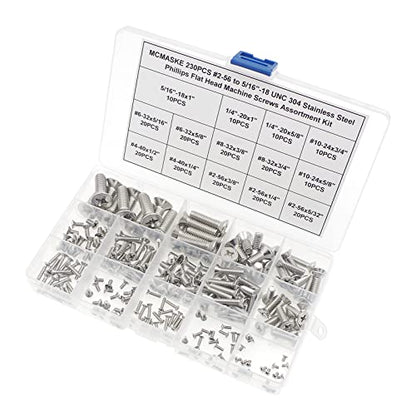 #2-56 to 5/16"-18 UNC 304 SS Phillips Flat Head Machine Screws Kit