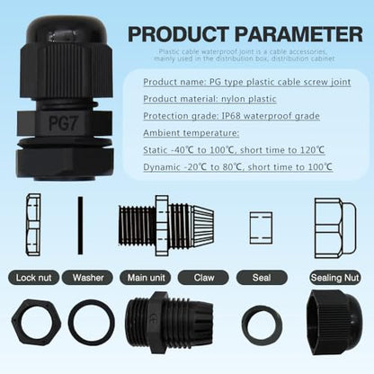 MAKERELE PG7 Nylon Cable Gland IP68 Waterproof, 3.1-6.6mm, 50 Pack, Black - size: PG7/50PCS/BAG