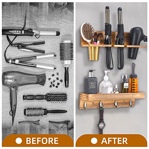 UPTRUST Wall Mount Hair Tool Organizer, Set of 2 Layer Rustic Wooden Dryer Holder Rack, Product Organizer Tray for Dryer with 4 Hooks