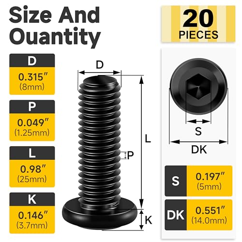 Mywish M8 x 25mm 20Pcs Flat Head Hex Socket Cap Screws Bolts, 304 Stainless Steel Furniture Bolts Full Thread, Black Oxide & Hex Spanner - color: Black-M8, size: 25mm