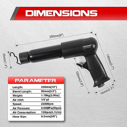 UW-AH250 Long Barrel Air Hammer Kit with Quick Change Retainer and 4 Chisels, 3-5/8 Inch Stroke, 2200 BPM, Light weight (AH250P - Long Barrel) - style: UW-AH250 Long Barrel