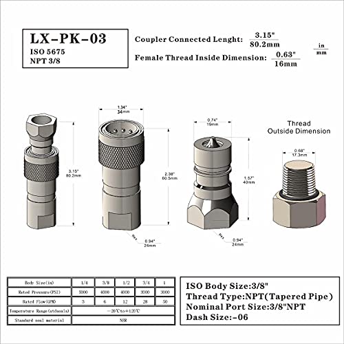 2-Sets 3/8'' Ag NPT ISO5675 Carbon Steel Hydraulic Quick Connect Coupling/Coupler Poppet Valve，Pioneer Type, Set w/Dust Cap - size: 2Set-3/8 NPT ( Poppet)