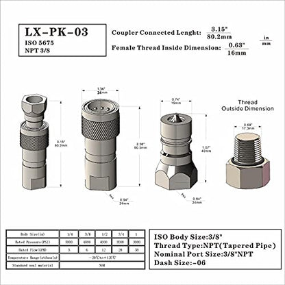 2-Sets 3/8'' Ag NPT ISO5675 Carbon Steel Hydraulic Quick Connect Coupling/Coupler Poppet Valve，Pioneer Type, Set w/Dust Cap - size: 2Set-3/8 NPT ( Poppet)