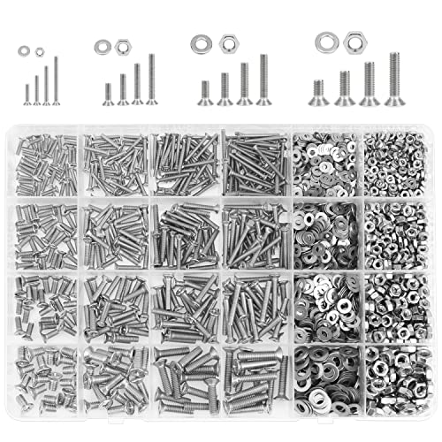 1285 Pieces M2 M2.5 M3 M4 Phillips Countersunk Head Machine Screws Nuts Washers Assortment Kit, 304 Stainless Steel, Fully Machine Thread - size: M2 M2.5 M3 M4, style: Phillips Countersunk Head