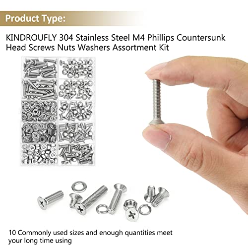 382 Pieces M4 x 5/6 /8/10 /12/16 /20mm Phillips Countersunk Head Machine Screws Nuts Washers Assortment Kit, 304 Stainless Steel, Fully Machine Thread - size: M4, style: Phillips Countersunk Head