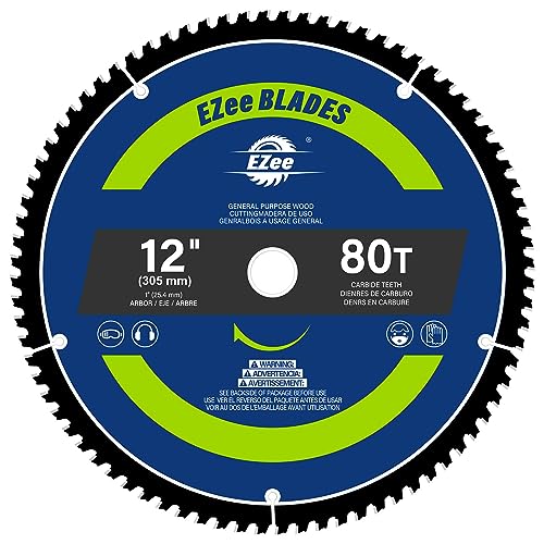 EZee 12 Inch 80 Teeth with 1 Inch Arbor Circular Saw Blades,0.09 Inch Thin Kerf,Tungsten Carbide Tipped(TCT) ATB Teeth Fine Finish for Various Wood Cutting,Miter Saw/Table Saw,Max RPM 4000(1-Pack) - size: 12" 80T (1-pack)