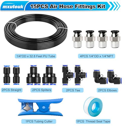 mxuteuk 1/4" Air Line Tubing Kit,1/4" Air Hose Kit,1/4 Inch(6.35mm) OD x 32.8 Feet PU Tube with Push to Connect Fittings(15PCS) - color: 1/4" Kit
