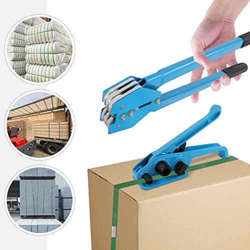 Strapping Tensioner and Sealer, 1000N Tensioning Force Banding Strapping Kit 1 inch Sealer Opening Width Packaging Strapping Tool 200 Plastic Steel Buckles Suitable 0.6-0.7inch Packing Belt