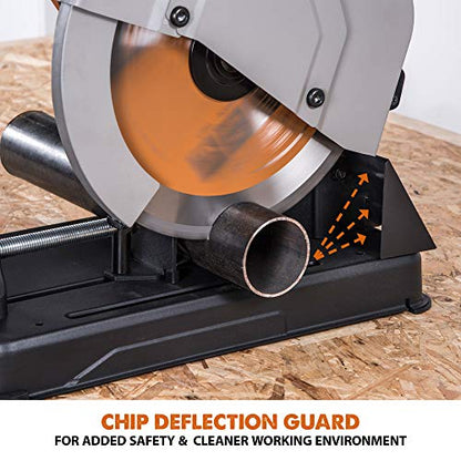 Evolution Power Tools R355CPS 14-Inch Chop Saw Multi Purpose, Multi-Material Cutting Cuts Metal, Plastic, Wood & More Miter Cut up to 45˚ Degrees TCT Blade Included