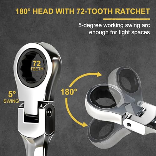 Egofine Flex Head Ratcheting Wrench Set 11 Piece, Metric Wrench Set, CR-V Steel 6-15mm Wrench, 72-Teeth Combination wrench set, Chrome plated Ratchet Wrenches Set with Tool Roll Bag - style: Metric-11 piece set
