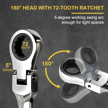Egofine Flex Head Ratcheting Wrench Set 11 Piece, Metric Wrench Set, CR-V Steel 6-15mm Wrench, 72-Teeth Combination wrench set, Chrome plated Ratchet Wrenches Set with Tool Roll Bag - style: Metric-11 piece set