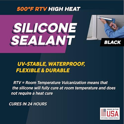 Rutland Black High Temp Silicone Sealant RTV Gasket Maker - Heat Resistant Glue & Black RTV Silicone Sealant Adhesive, Gasket Sealer 500F