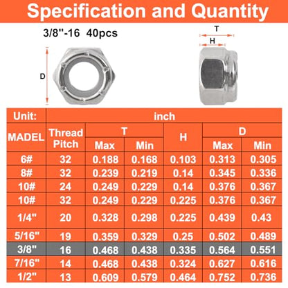 3/8-16 Locknuts - 40Pcs Nylon Insert Lock Nuts,304 Stainless Steel - size: 3/8-16(40 pack), style: SAE