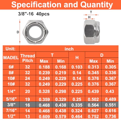 3/8-16 Locknuts - 40Pcs Nylon Insert Lock Nuts,304 Stainless Steel - size: 3/8-16(40 pack), style: SAE