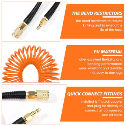 Flutesan 10 Pack 1/4 in x 10 ft Recoil Air Hose with Quick Coupler, Orange - color: Orange