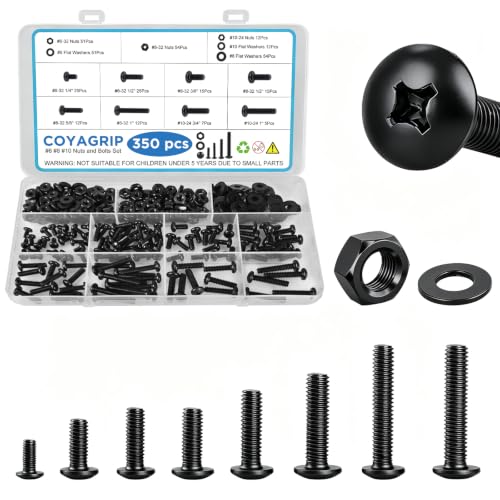 Nuts and Bolts Assortment Kit, 350PCS # 6-32# 8-32# 10-24 Machine Screws, Nuts, Bolts & Flat Washers Assorted Set with Storage Case, Phillips Pan Head, Black - color: Black, size: 350PCS-#6 #8 #10