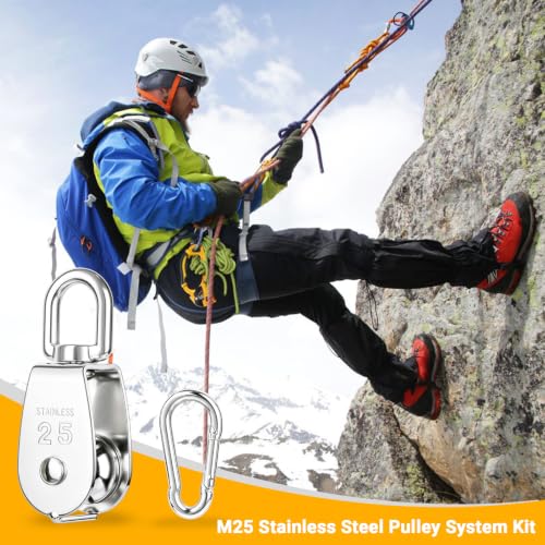 M25 Stainless Steel Pulley System Kit,Pulley Block with Nylon Rope | 2 Pack M25 Heavy Duty Pulleys Wheel with Rope Cleat, Eye Pad Plate and Hooks for Sun Shade Sail, Clothesline - size: 2P-M25