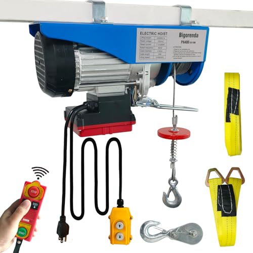Electric Hoist 2 in 1,Electric Hoist 880lbs, Bigorenda 110v Electric Hoist Winch with 328ft Wireless Control & Wired Remote Control, 65.6ft Lifting Garage Lift Hoist,for Factories, Warehouses, Attic - color: Light blue