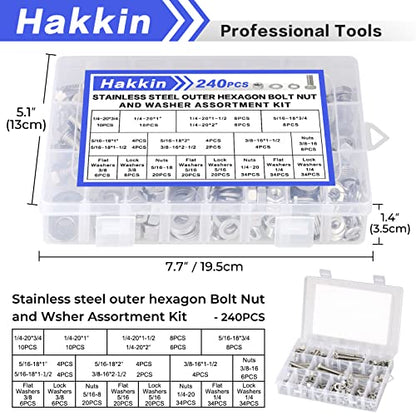 Hakkin 240Pcs Hex Bolts and Nuts Kit Stainless Steel Spring Washers Assortment Kit, 1/4" 5/16", 3/8" 10 SAE Sizes Machine Screws Set with Storage Case - size: A. 1/4 5/16 3/8