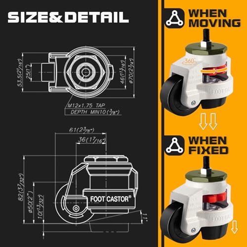 Retractable Leveling Machine Casters 4Pcs- 2200 lbs Per Set - size: 2 INCH