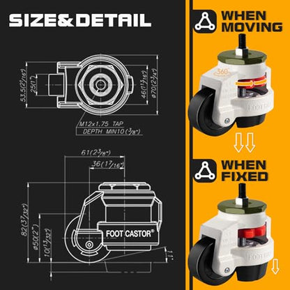 Retractable Leveling Machine Casters 4Pcs- 2200 lbs Per Set - size: 2 INCH