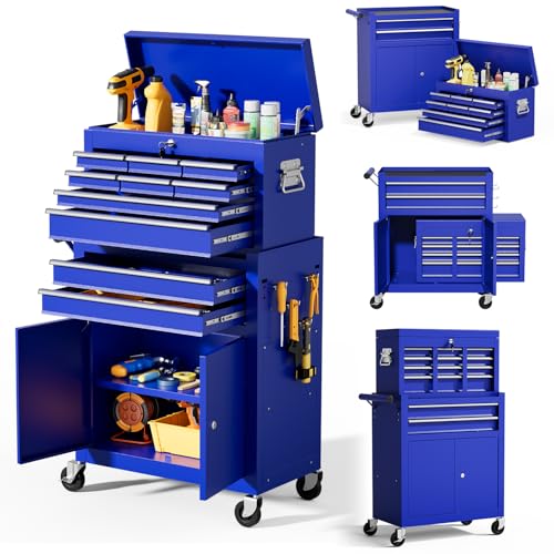 10-Drawer Rolling Tool Chest with wheels, Lockable 2-in-1 Tool Box
