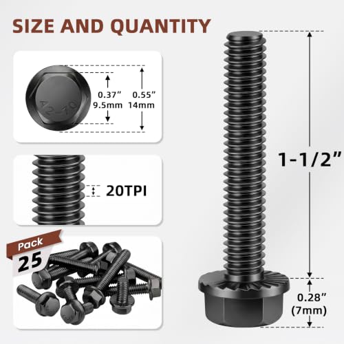 Mellewell 1/4-20 x 1-1/2" Flanged Hex Head Bolts Flange Hexagon Screws, Stainless Steel A2 Black Finish, DIN 6921, 25 PCS - color: Black, size: 1/4-20 x 1-1/2"