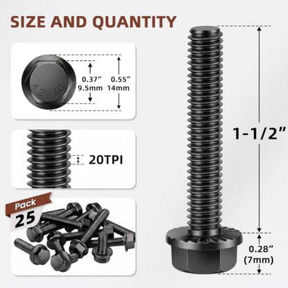 Mellewell 1/4-20 x 1-1/2" Flanged Hex Head Bolts Flange Hexagon Screws, Stainless Steel A2 Black Finish, DIN 6921, 25 PCS - color: Black, size: 1/4-20 x 1-1/2"