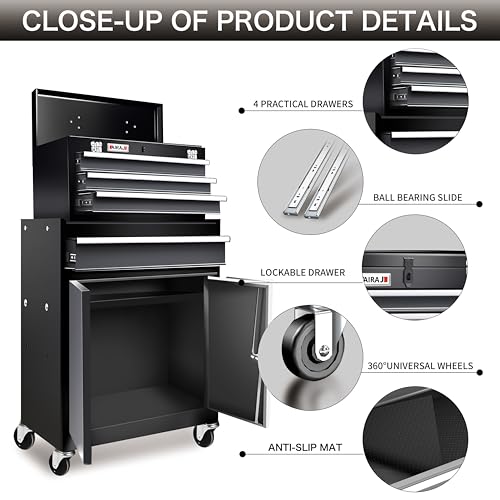 4 Drawer Rolling Tool Chest with Double Door,40"Detachable 2-in-1 Tool Box - color: Black, size: 4-drawer tool chest