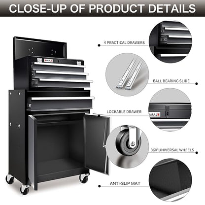 4 Drawer Rolling Tool Chest with Double Door,40"Detachable 2-in-1 Tool Box - color: Black, size: 4-drawer tool chest
