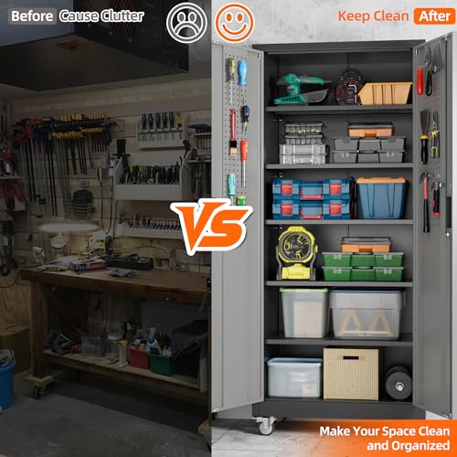 71 in Garage Storage Cabinet with Wheels, Black and Dark Grey - color: Black-dark Gray, size: 16"D x 32"W x 71"H