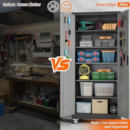 71 in Garage Storage Cabinet with Wheels, Black and Dark Grey - color: Black-dark Gray, size: 16"D x 32"W x 71"H