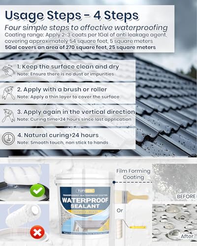 Waterproof Sealant 5 Gallon Clear, TUFINEIN Transparent Waterproof Coating Water-Based Invisible Agent Roofs, Walls, Garden, Terraces Indoor & Outdoor - size: 5 Gal