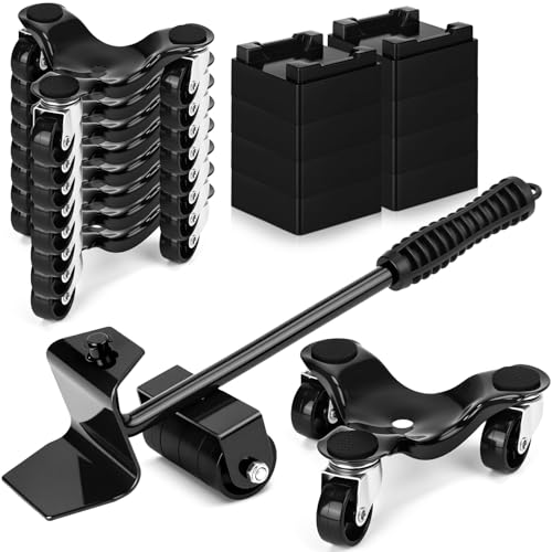 Timtin 17 Pcs Furniture Moving Dolly Set, 8 Pack 3-Wheel Steel Tri Dolly with 8 Heightening Pad & 1 Crowbar, Heavy Duty Movers Triangle Swivel Casters for Heavy Furniture, 200 Lbs Capacity(Black) - color: Black