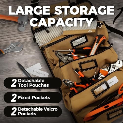 Roll Up Tool Bag, PVC Coated Tool Organizer with 4 Pockets & 2 Pouches - color: Khaki-RollUp