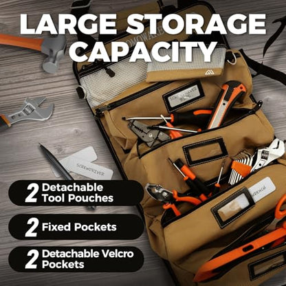 Roll Up Tool Bag, PVC Coated Tool Organizer with 4 Pockets & 2 Pouches - color: Khaki-RollUp