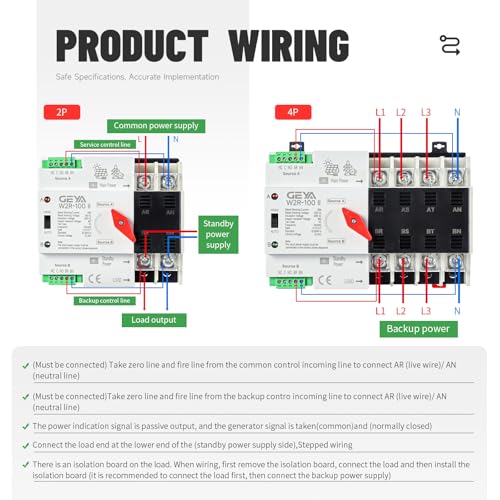 GEYA 4P 100A AC110V Automatic/Manual Transfer Switch,ATS Dual Power Auto Transfer Switch,Uninterruptible Millisecond-Level ATS,DIN Rail Mounting（W2R 4P 100A AC110V） - size: 4P-100A-AC110V