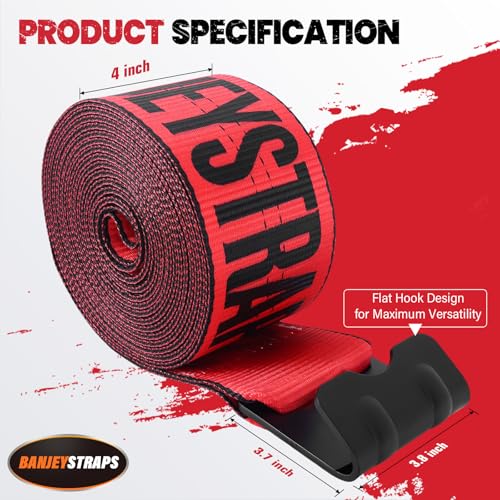 Red Winch Straps 4" x 30 FT - Heavy Duty Flat Hook Tie Downs with 18000lb Break Strength, 6000lb Safe Working Load for Recovery, Flatbed Trailers, Trucks & Farm Use - color: Red