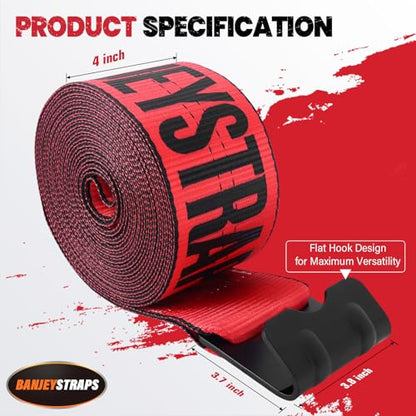 Red Winch Straps 4" x 30 FT - Heavy Duty Flat Hook Tie Downs with 18000lb Break Strength, 6000lb Safe Working Load for Recovery, Flatbed Trailers, Trucks & Farm Use - color: Red