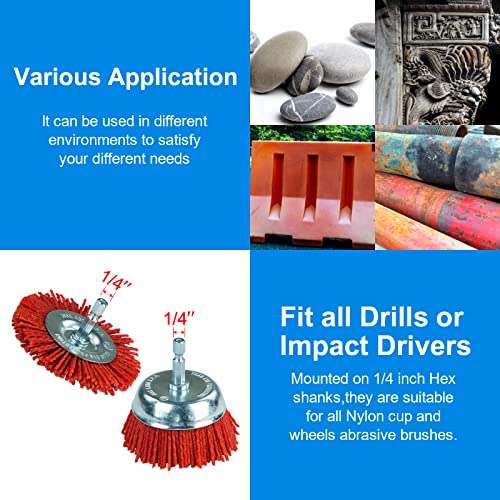 SALI 10 Pack Nylon Filament Abrasive Wire Brush Wheel & Cup Brush Set with 1/4 Inch Hex Shank, 4 Sizes Nylon Drill Brush Set for Removal of Rust Corrosion Paint
