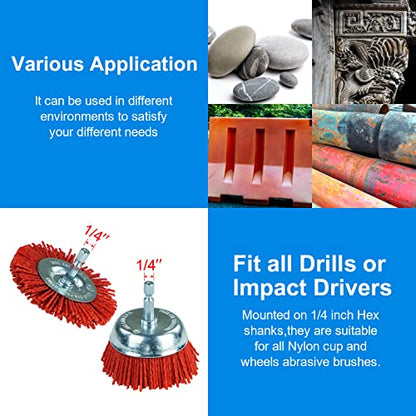 SALI 10 Pack Nylon Filament Abrasive Wire Brush Wheel & Cup Brush Set with 1/4 Inch Hex Shank, 4 Sizes Nylon Drill Brush Set for Removal of Rust Corrosion Paint
