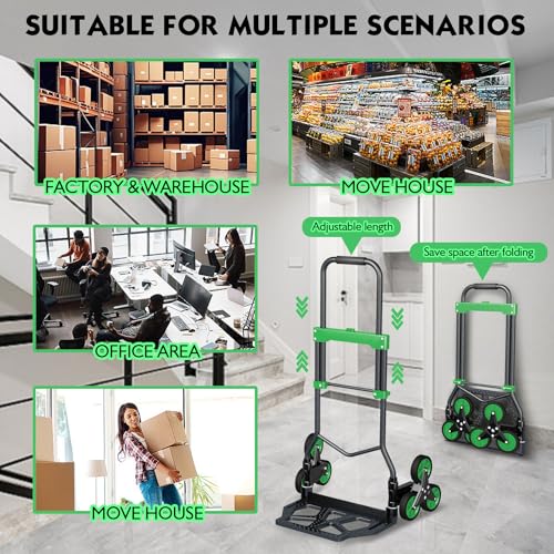 Heavy-Duty 330LB Capacity Hand Truck with Stair-Climbing Wheels & One-Touch Retractable Handle - Q235 Steel Collapsible Dolly Cart, 4.2-Inch Triple Wheels, Elastic Strap & Sponge Grip (Green) - color: Green