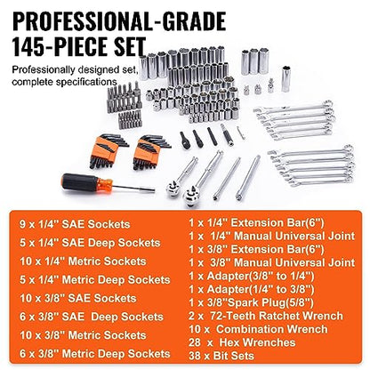 VEVOR Mechanics Tool Set and Socket Set, 1/4" and 3/8" Drive Deep and Standard Sockets, 145 Pcs SAE and Metric Mechanic Tool Kit with Bits, Combination Wrench, Hex Wrenches, Accessories, Storage Case - size: 145-PCS