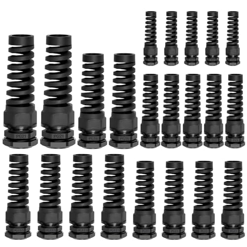 22PCS PG7 PG9 PG11 PG13.5 PG16 PG21 Black Waterproof Cable Gland, Wire Hole Flex Spiral Strain Relief Nylon Joint For Cable Fixing Wiring Repairing Gland Replacement Electrical Appliances